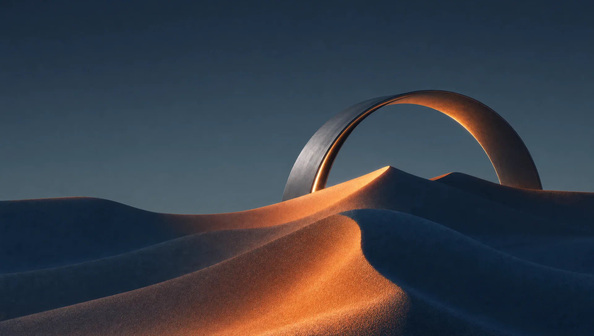 A monumental sandstone arch standing in soft dunes. The gate, made cosmic.